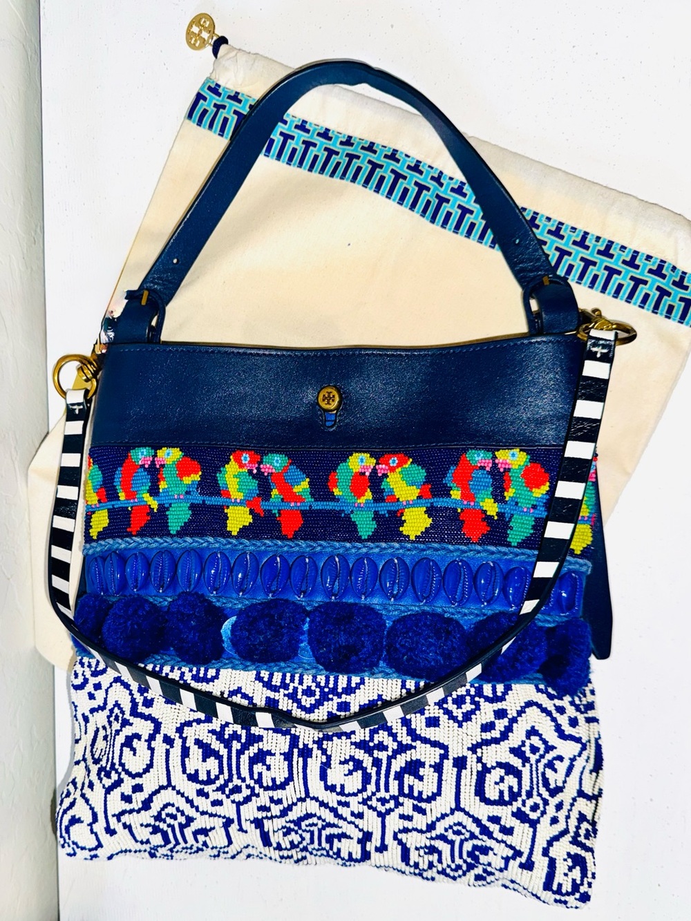 Tory Burch Beaded Parrot & Pom-Pom Shoulder Bag Blue NWT ($895 retail) & dusty